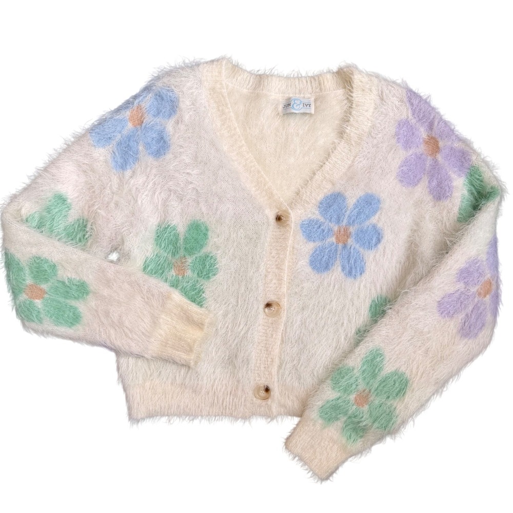 Pastel 1970 Eyelash Knit Flower Cropped Cardigan XS‎ Fuzzy High-Pile Sweater